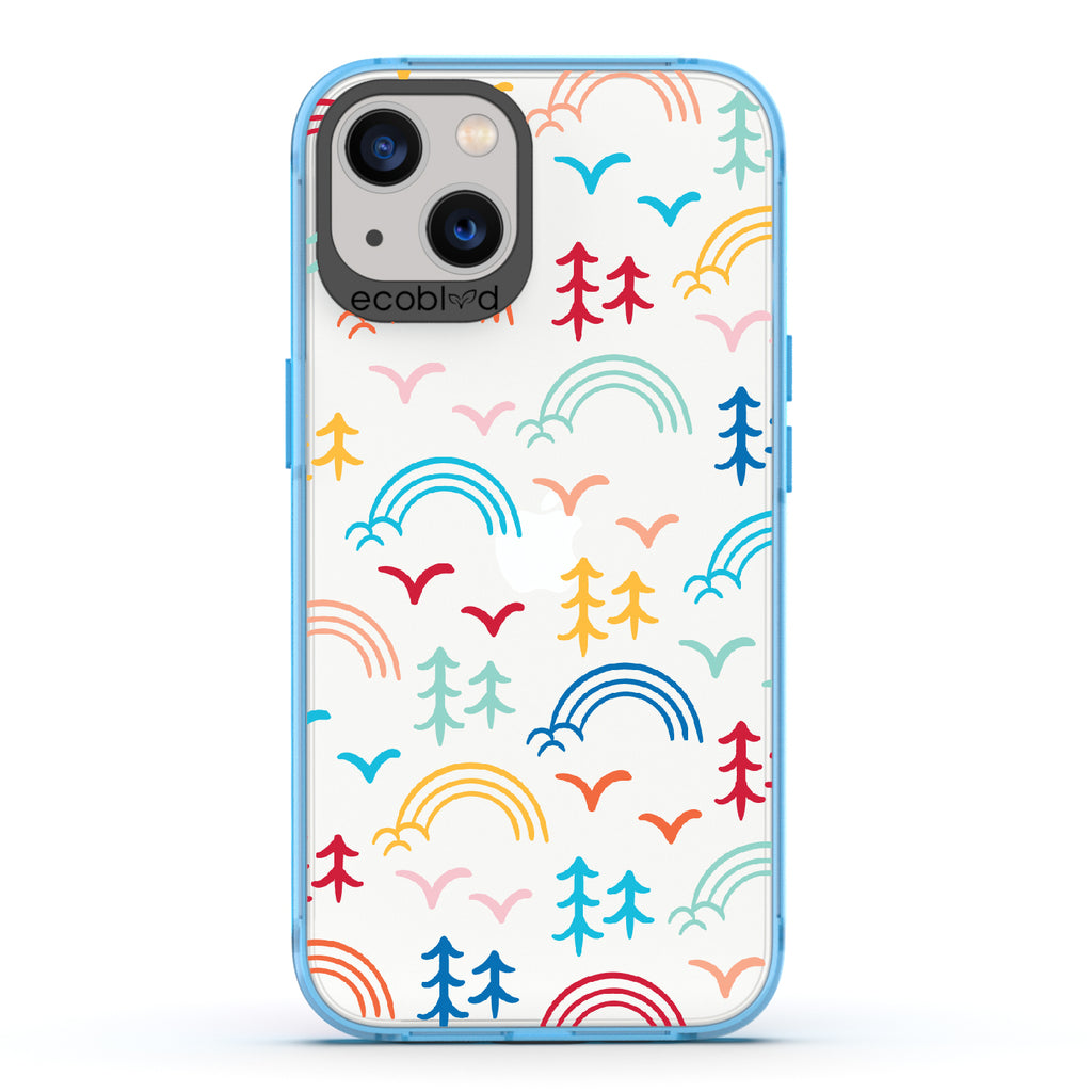 Happy Camper X Brave Trails - Blue Eco-Friendly iPhone 13 Case with Minimalist Trees, Birds, Rainbows On A Clear Back