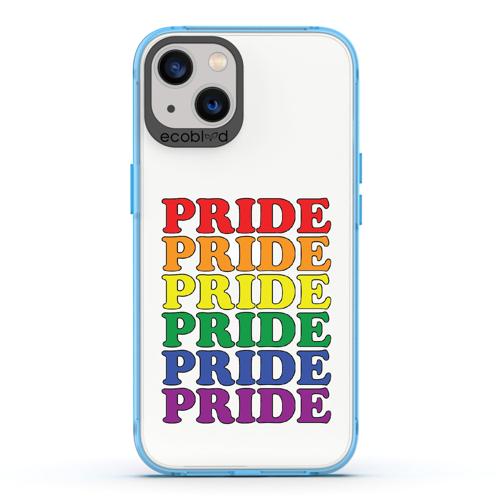 Pride Camp - Blue Eco-Friendly iPhone 13 Case With Pride Stacked In Multiple Rainbow Colors On A Clear Back