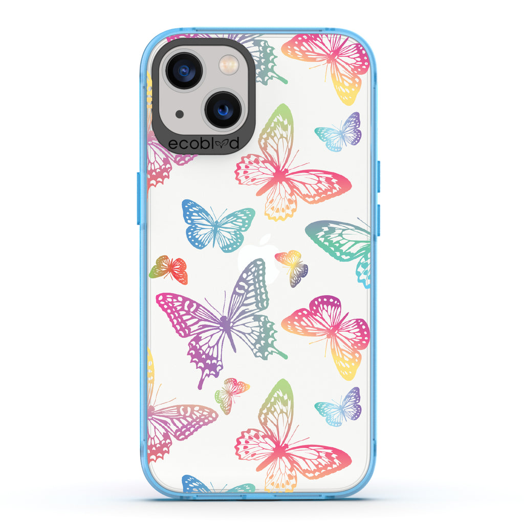 Butterfly Effect - Blue Eco-Friendly iPhone 13 Case With Multi-Colored Neon Butterflies On A Clear Back