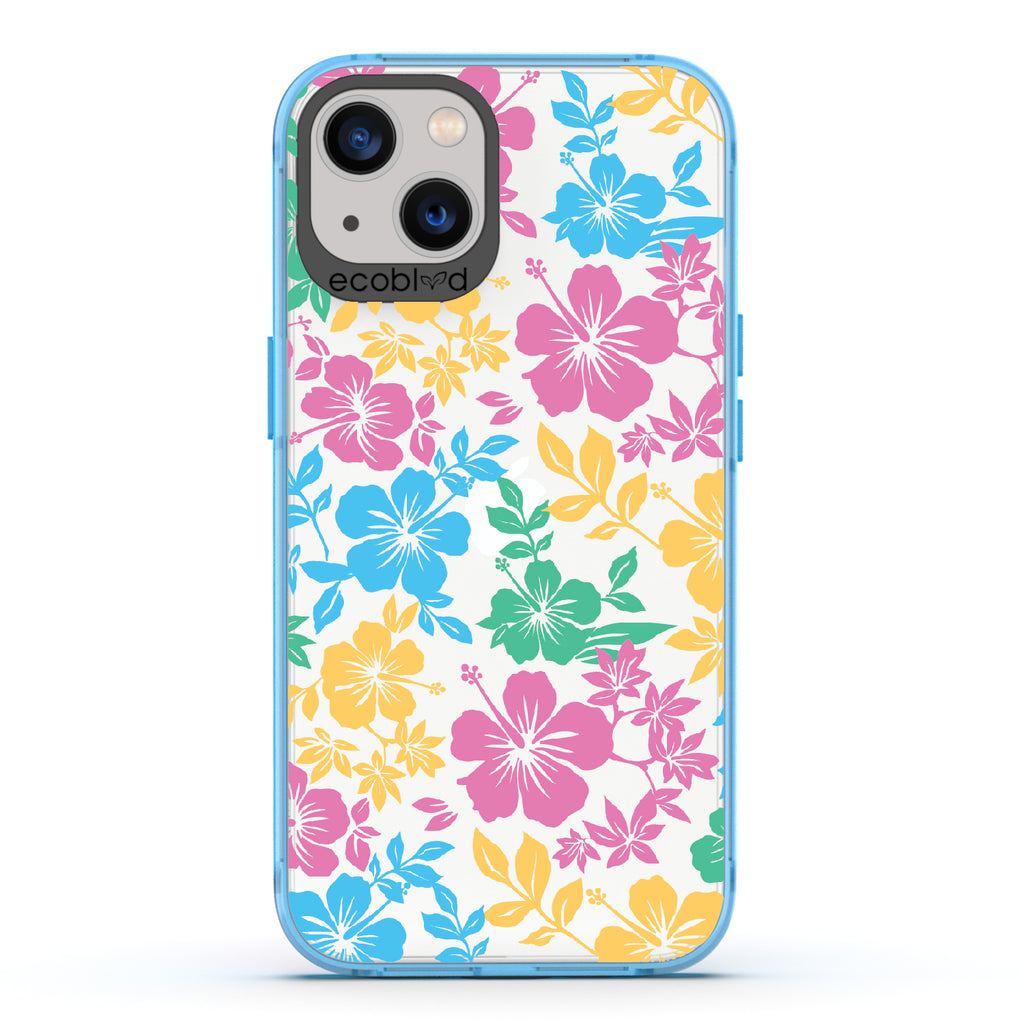  Lei'd Back - Blue Eco-Friendly iPhone 13 Case With Colorful Hawaiian Hibiscus Floral Print On A Clear Back