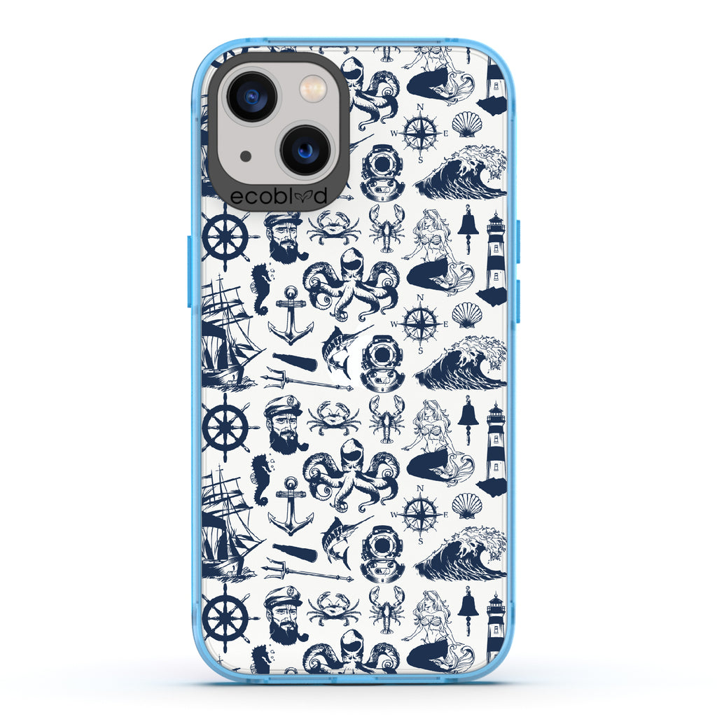 Nautical Tales - Blue Eco-Friendly iPhone 13 Case With Sailors, Ships, Waves, Anchors & More On A Clear Back