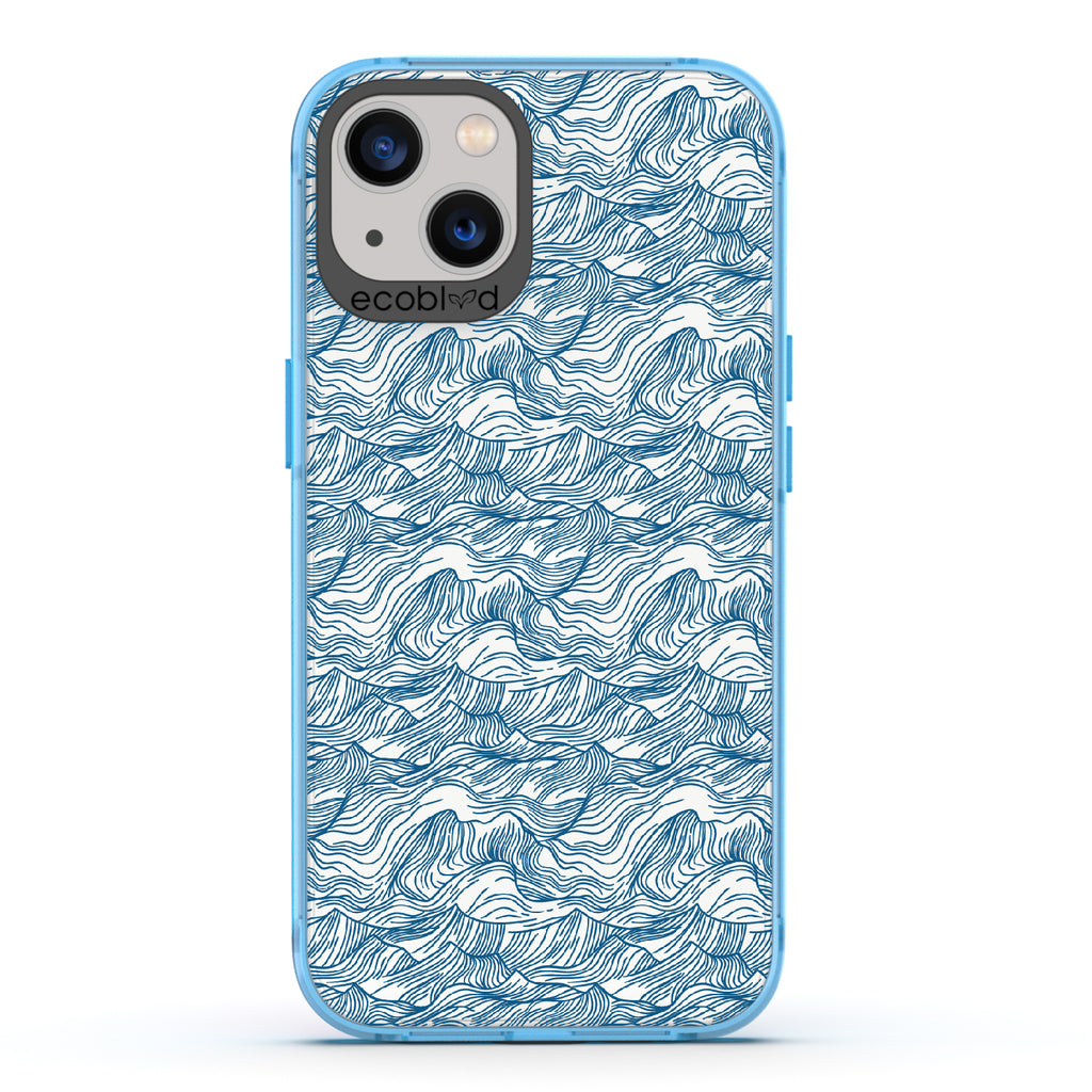 Seas The Day - Blue Eco-Friendly iPhone 13 Case With Hand Drawn Waves On A Clear Back