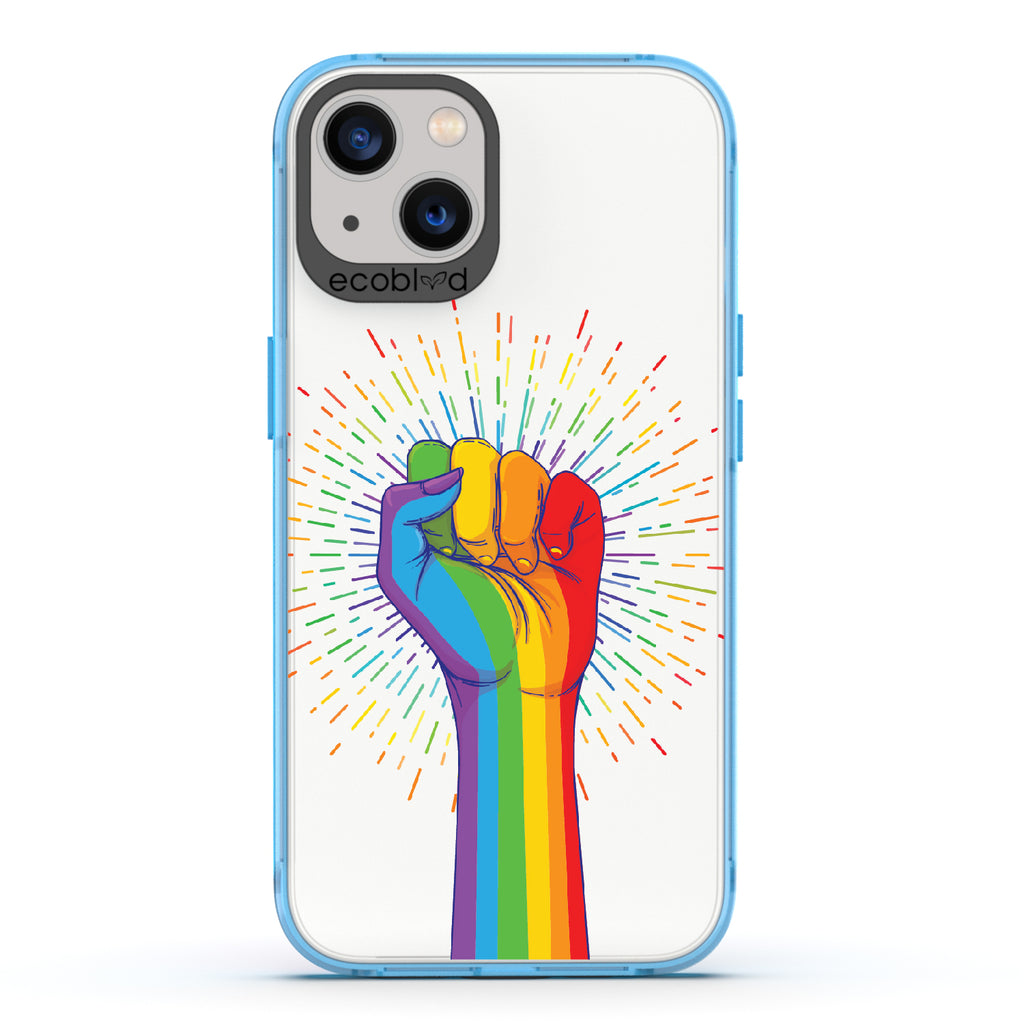 Rise With Pride - Blue Eco-Friendly iPhone 13 Case With Raised Fist In Rainbow Colors On A Clear Back