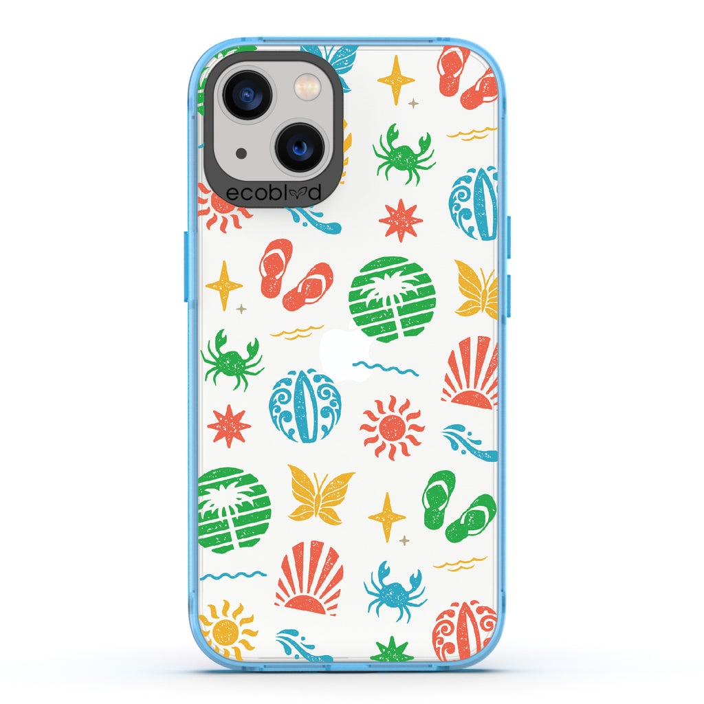 Island Time - Blue Eco-Friendly iPhone 13 Case With Surfboard Art Of Crabs, Sandals, Waves & More On A Clear Back