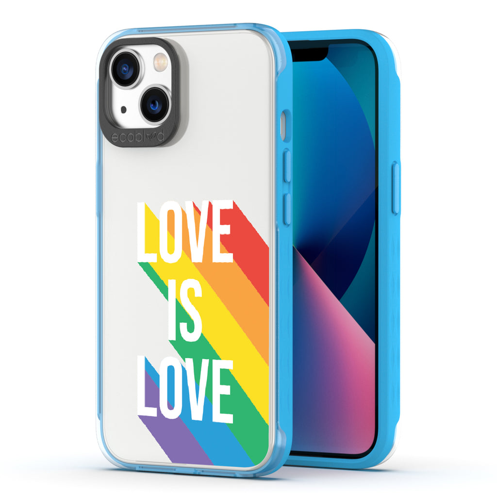 Spectrum Of Love - Back View Of Blue & Clear Eco-Friendly iPhone 13 Case & A Front View Of The Screen