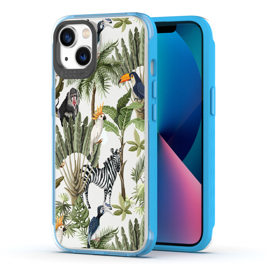 Toucan Play That Game - Back View Of Blue & Clear Eco-Friendly iPhone 13 Case & A Front View Of The Screen