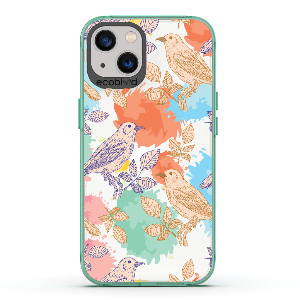 Perch Perfect - Green Eco-Friendly iPhone 13 Case With Birds On Branches & Splashes Of Color On A Clear Back