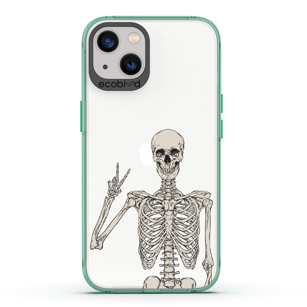 Creepin' It Real - Green Eco-Friendly iPhone 13 Case With Skeleton Giving A Peace Sign On A Clear Back