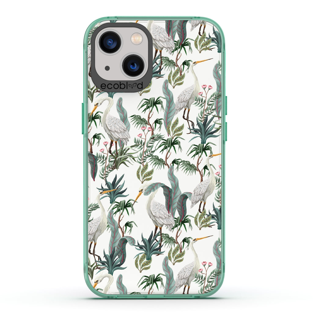 Flock Together - Green Eco-Friendly iPhone 13 Case With Herons & Peonies On A Clear Back