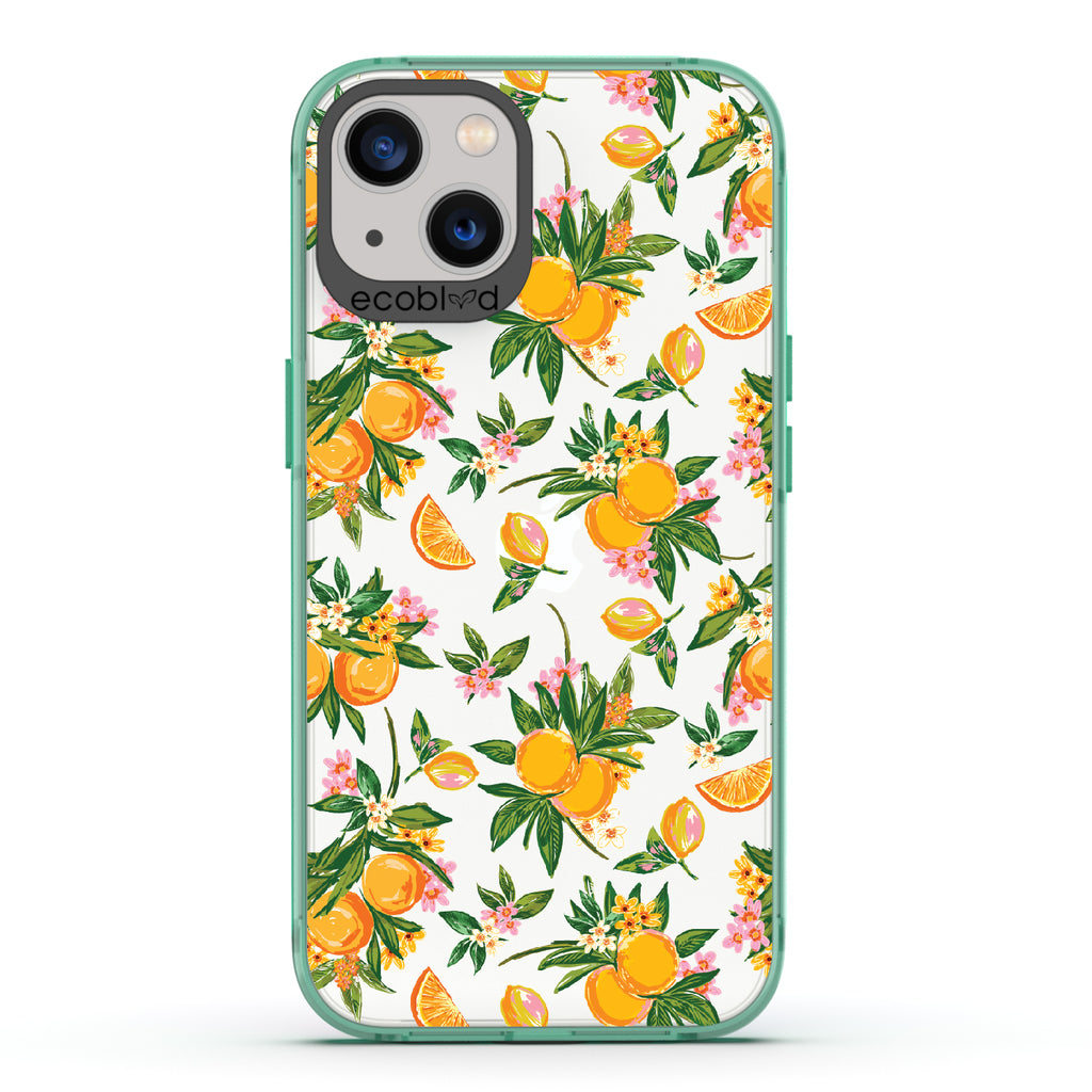 Orange Bliss - Green Eco-Friendly iPhone 13 Case With Oranges, Orange Slices and Leaves On A Clear Back
