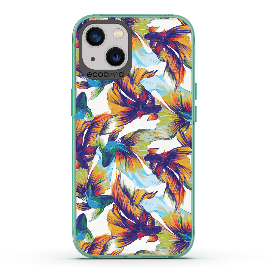 Betta Than The Rest - Green Eco-Friendly iPhone 13 Case With Colorful Betta Fish On A Clear Back