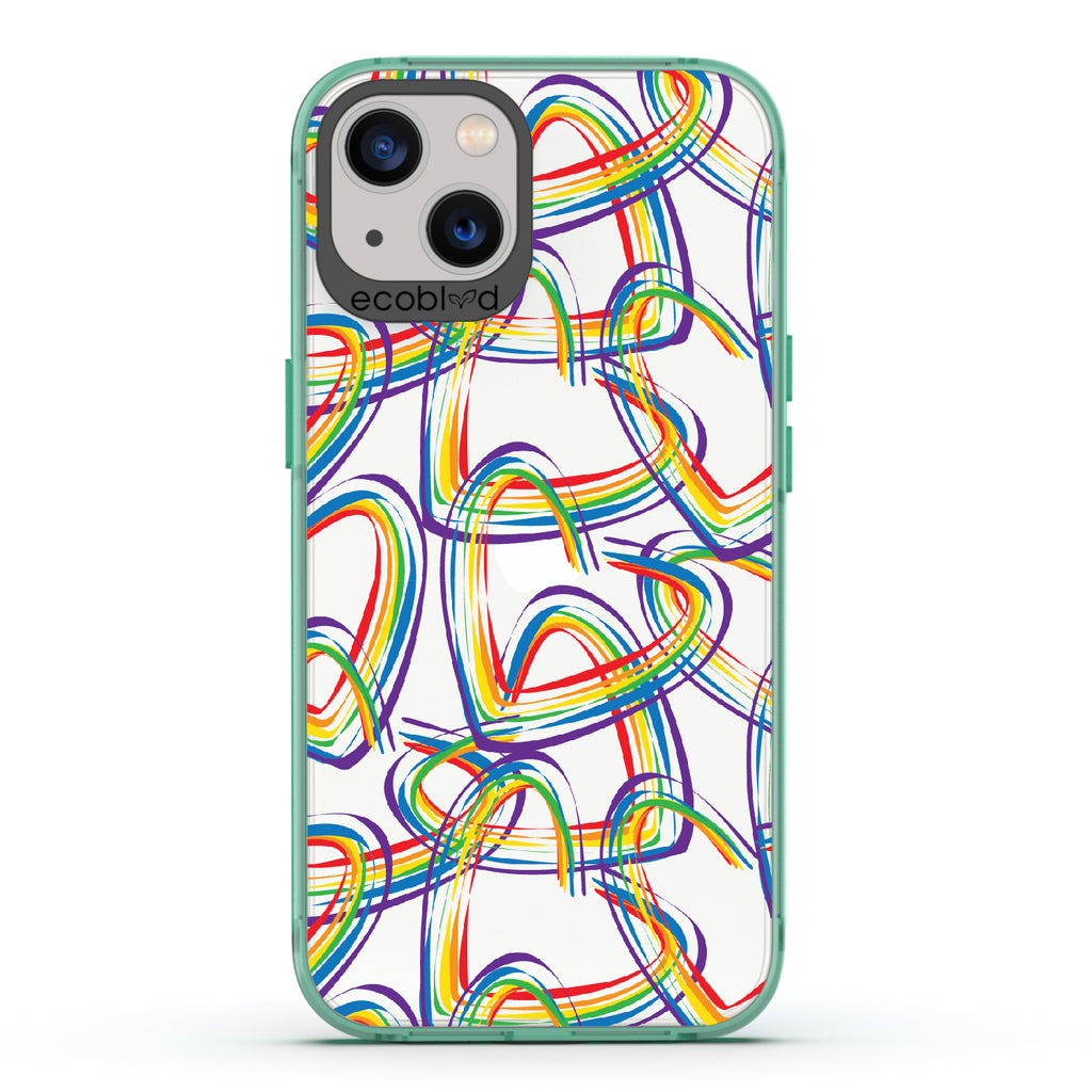 One Love - Green Eco-Friendly iPhone 13 Case With Brush Stroke Rainbow Hearts On A Clear Back
