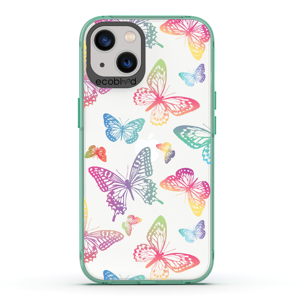 Butterfly Effect - Green Eco-Friendly iPhone 13 Case With Multi-Colored Neon Butterflies On A Clear Back