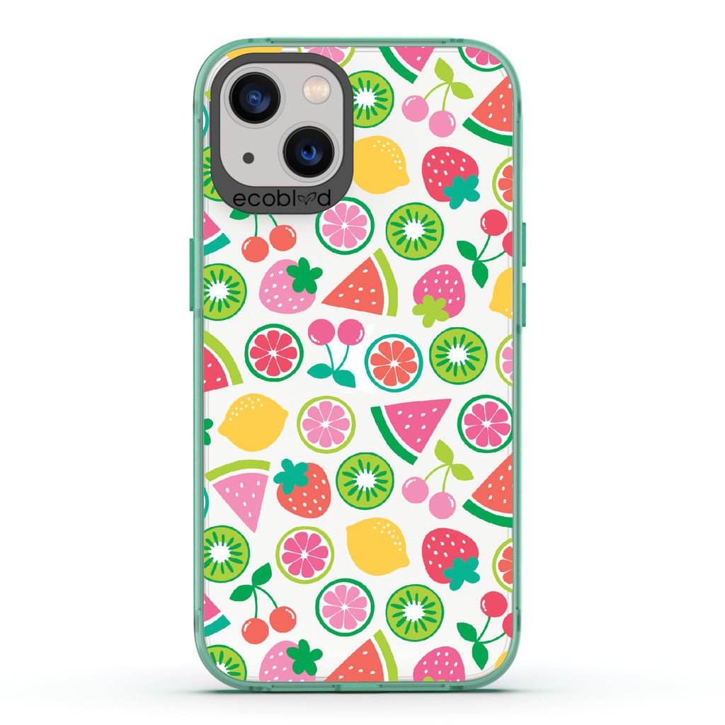Juicy Fruit - Green Eco-Friendly iPhone 13 Case With Various Colorful Summer Fruits On A Clear Back