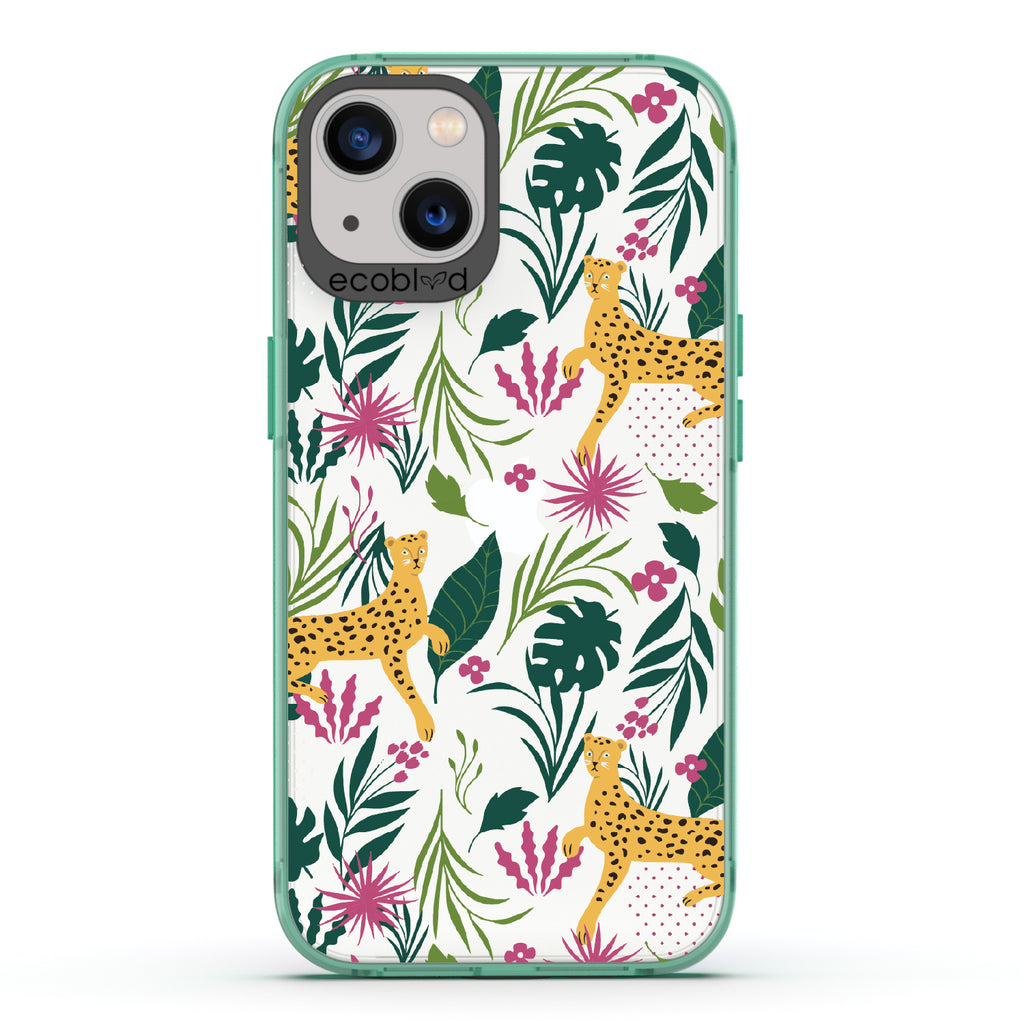 Jungle Boogie - Green Eco-Friendly iPhone 13 Case With Cheetahs Among Lush Colorful Jungle Foliage On A Clear Back