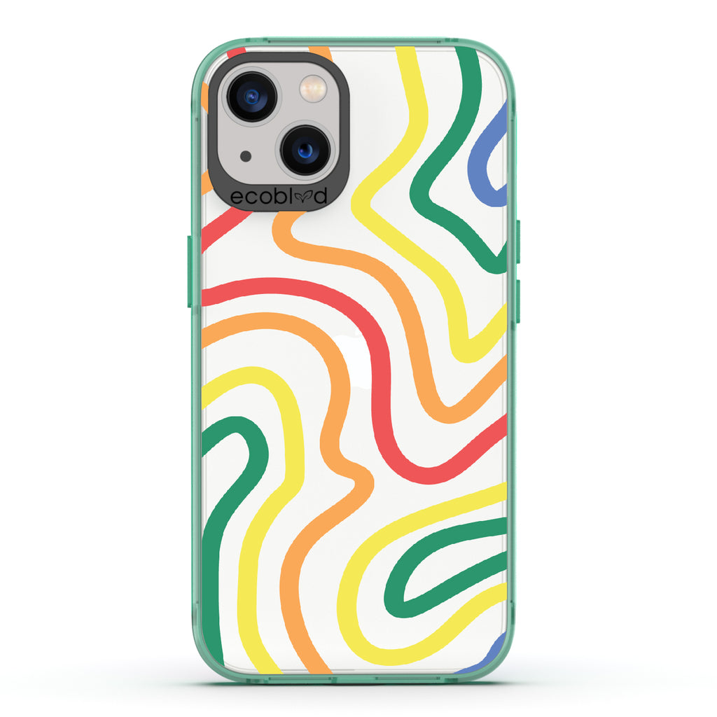 True Colors - Green Eco-Friendly iPhone 13 Case With Abstract Lines In Different Colors Of The Rainbow On A Clear Back