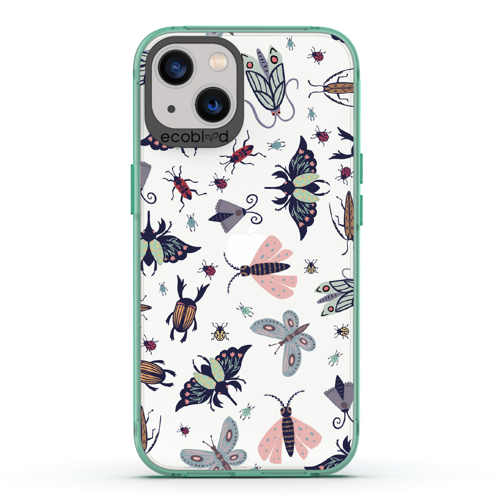 Bug Out - Green Eco-Friendly iPhone 13 Case With Butterflies, Moths, Dragonflies, And Beetles On A Clear Back