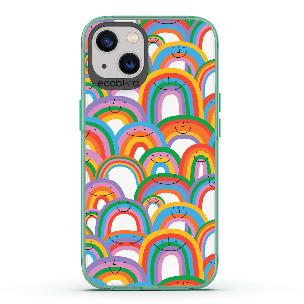 Prideful Smiles - Green Eco-Friendly iPhone 13 Case With Rainbows That Have Smiley Faces On A Clear Back