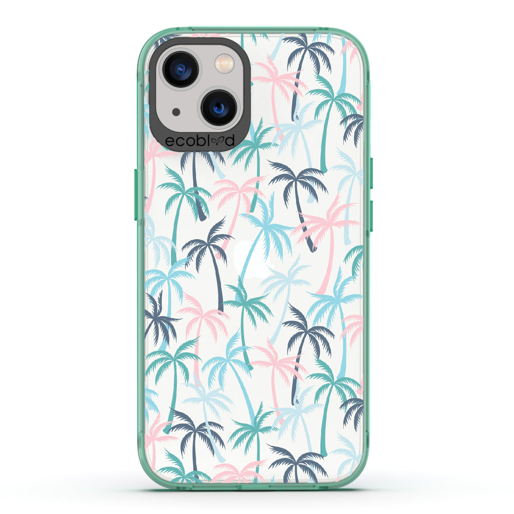Cruel Summer - Green Eco-Friendly iPhone 13 Case With Hotline Miami Colored Tropical Palm Trees On A Clear Back