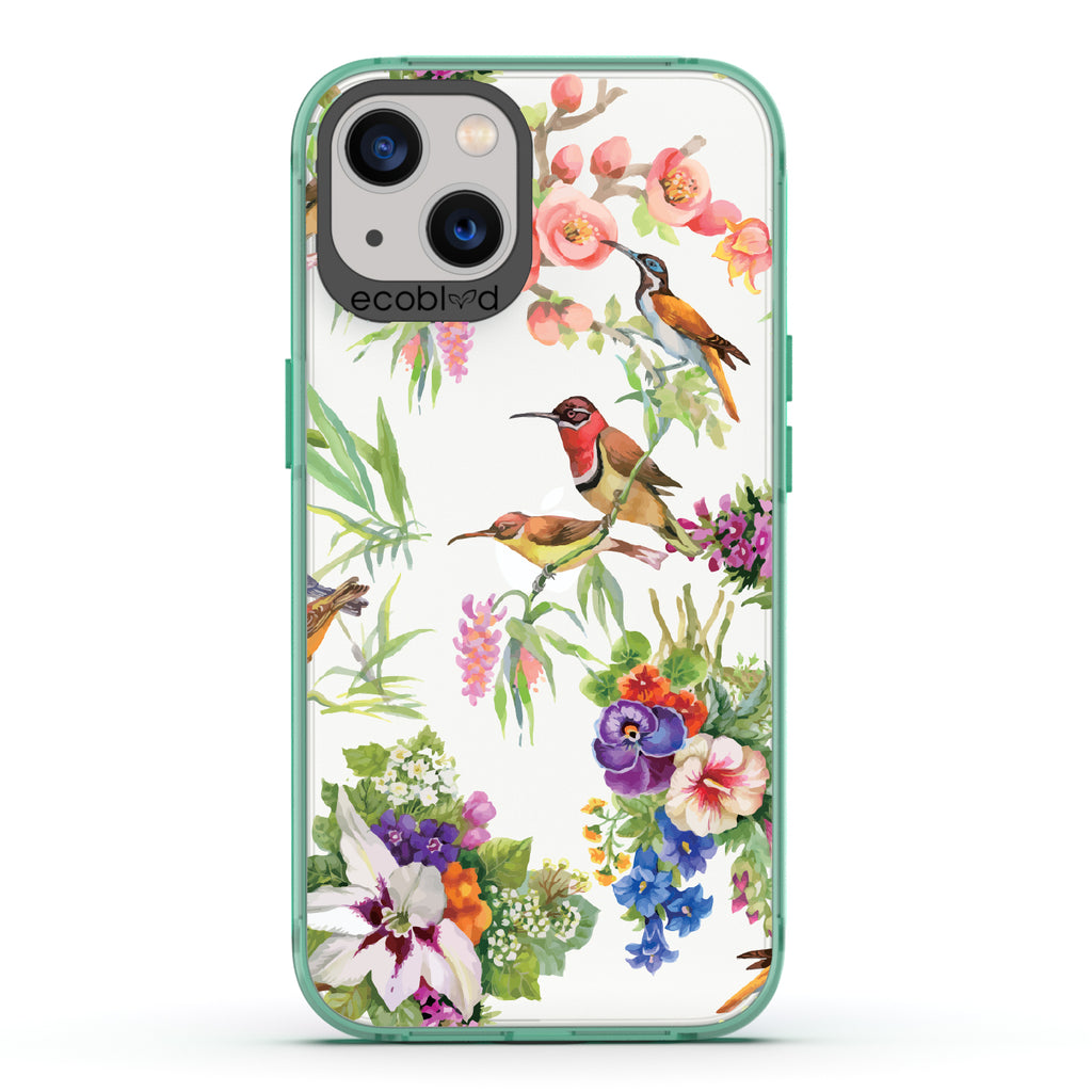 Sweet Nectar - Green Eco-Friendly iPhone 13 Case With Humming Birds, Colorful Garden Flowers On A Clear Back