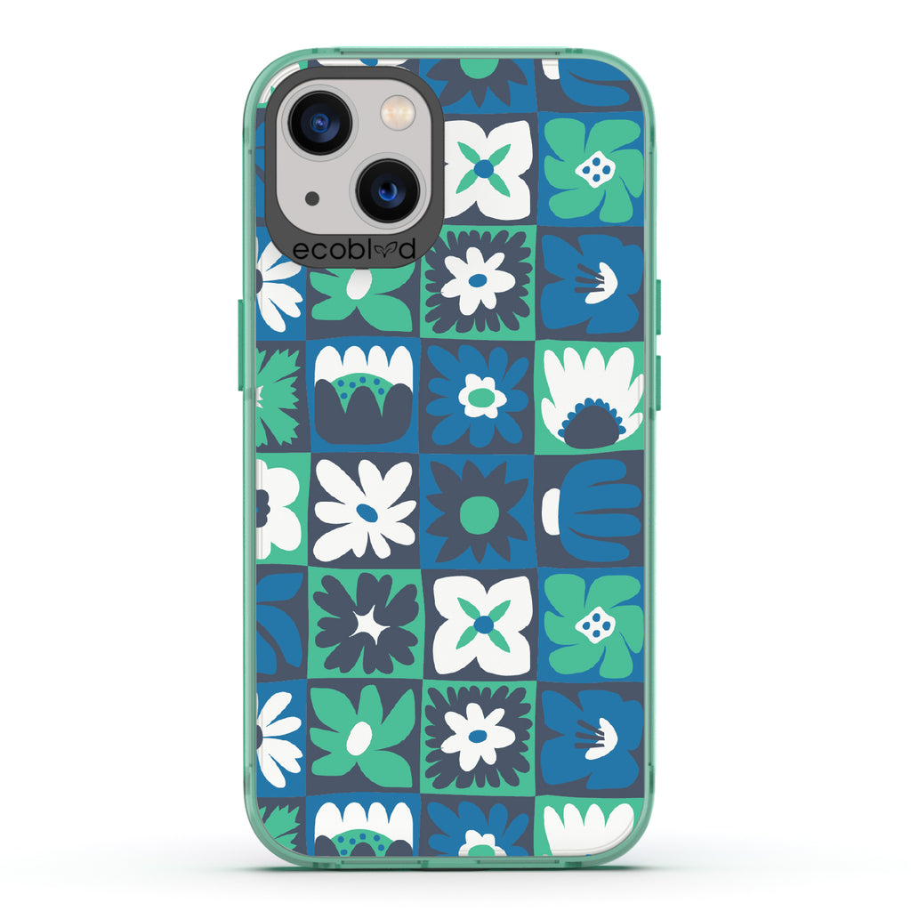 Paradise Blooms - Green Eco-Friendly iPhone 13 Case With Tropical Floral Checker Print On A Clear Back