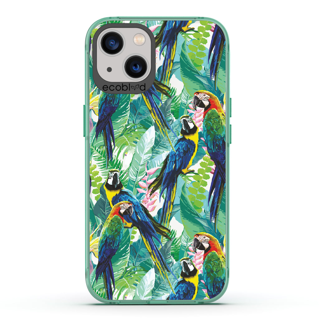 Macaw Medley - Green Eco-Friendly iPhone 13 Case With Macaws & Tropical Leaves On A Clear Back