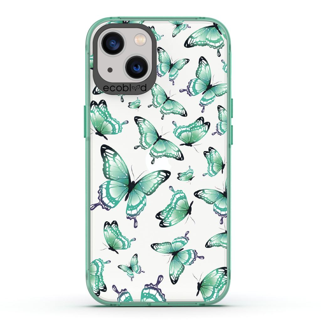 Social Butterfly - Green Eco-Friendly iPhone 13 Case With Green Butterflies On A Clear Back - Compostable