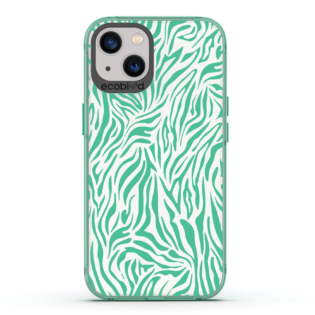 Zebra Print - Green Eco-Friendly iPhone 13 Case With Green Zebra Print On A Clear Back