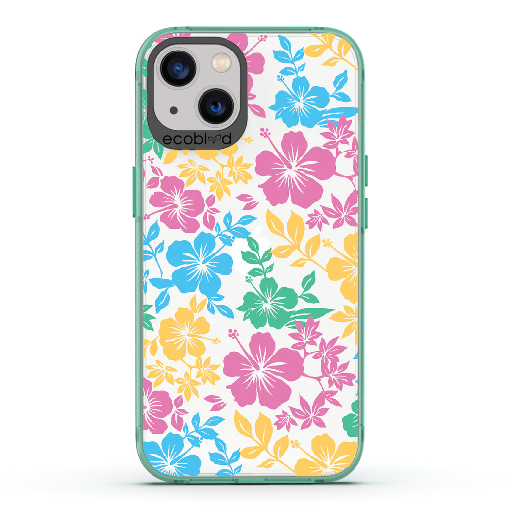 Lei'd Back - Green Eco-Friendly iPhone 13 Case With Colorful Hawaiian Hibiscus Floral Print On A Clear Back