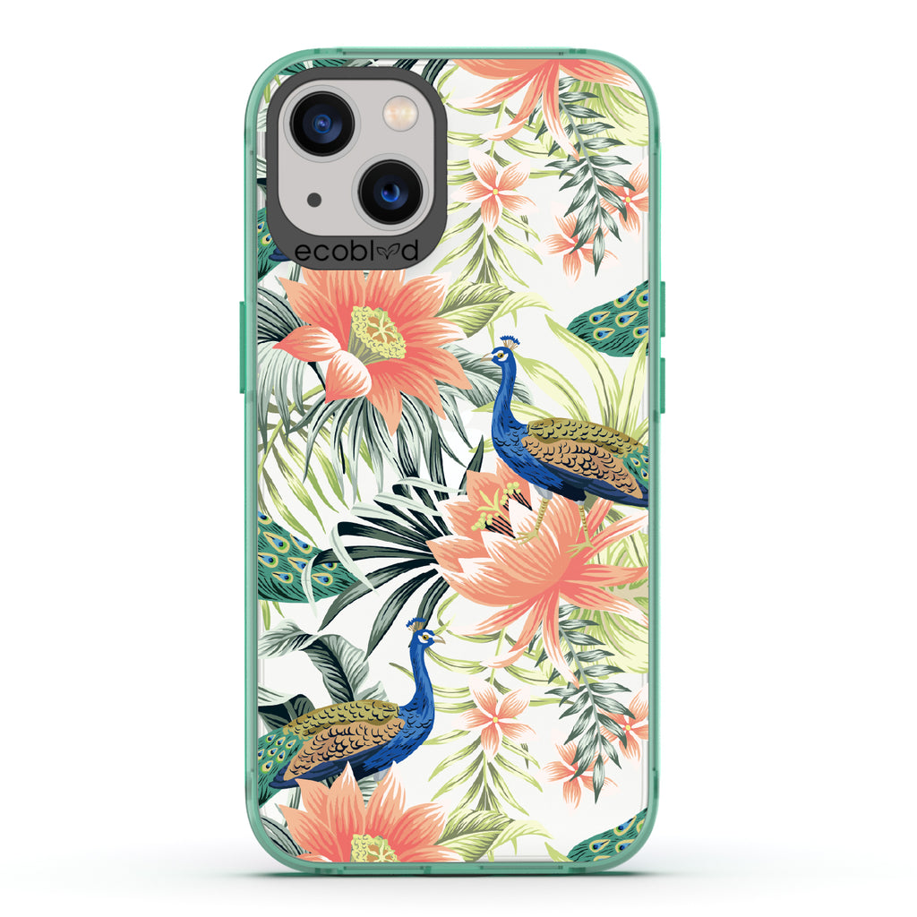 Peacock Palace - Green Eco-Friendly iPhone 13 Case With Peacocks + Colorful Tropical Fauna On A Clear Back
