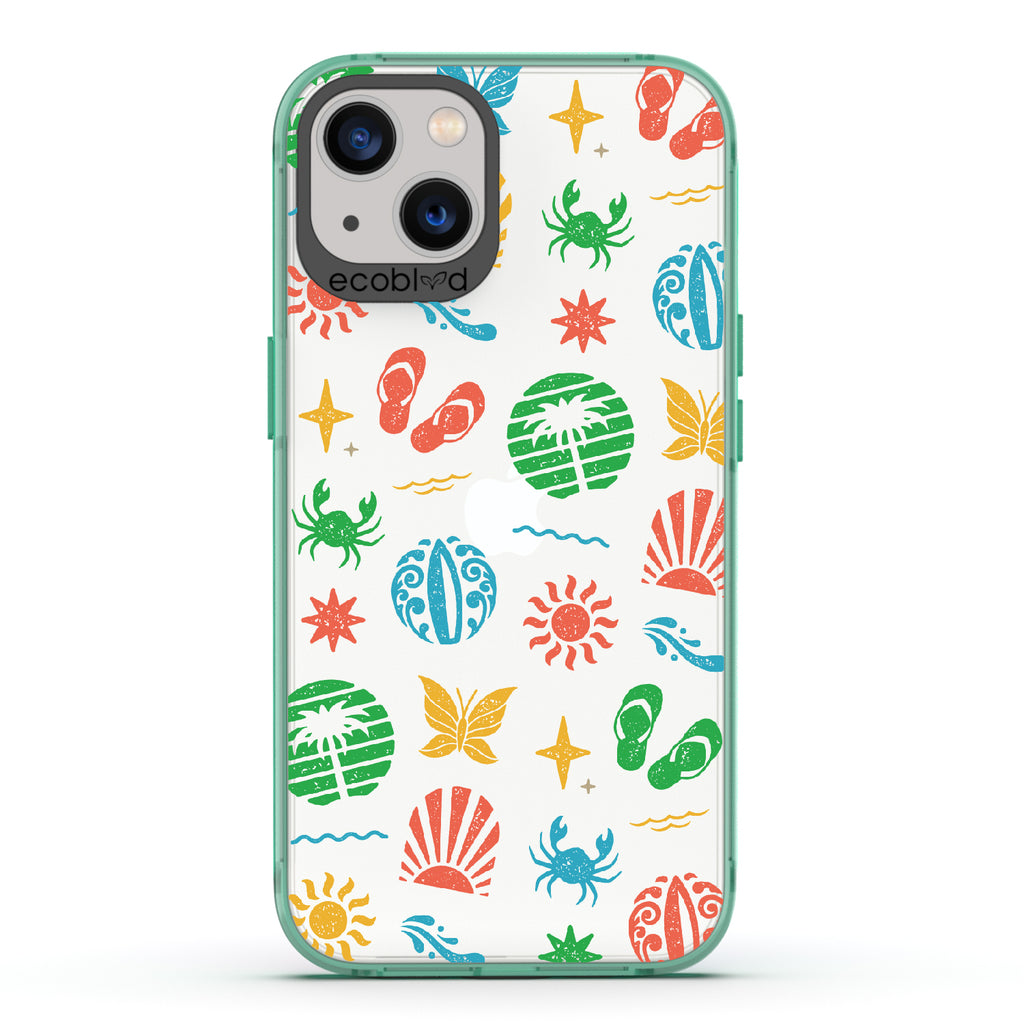 Island Time - Green Eco-Friendly iPhone 13 Case With Surfboard Art Of Crabs, Sandals, Waves & More On A Clear Back