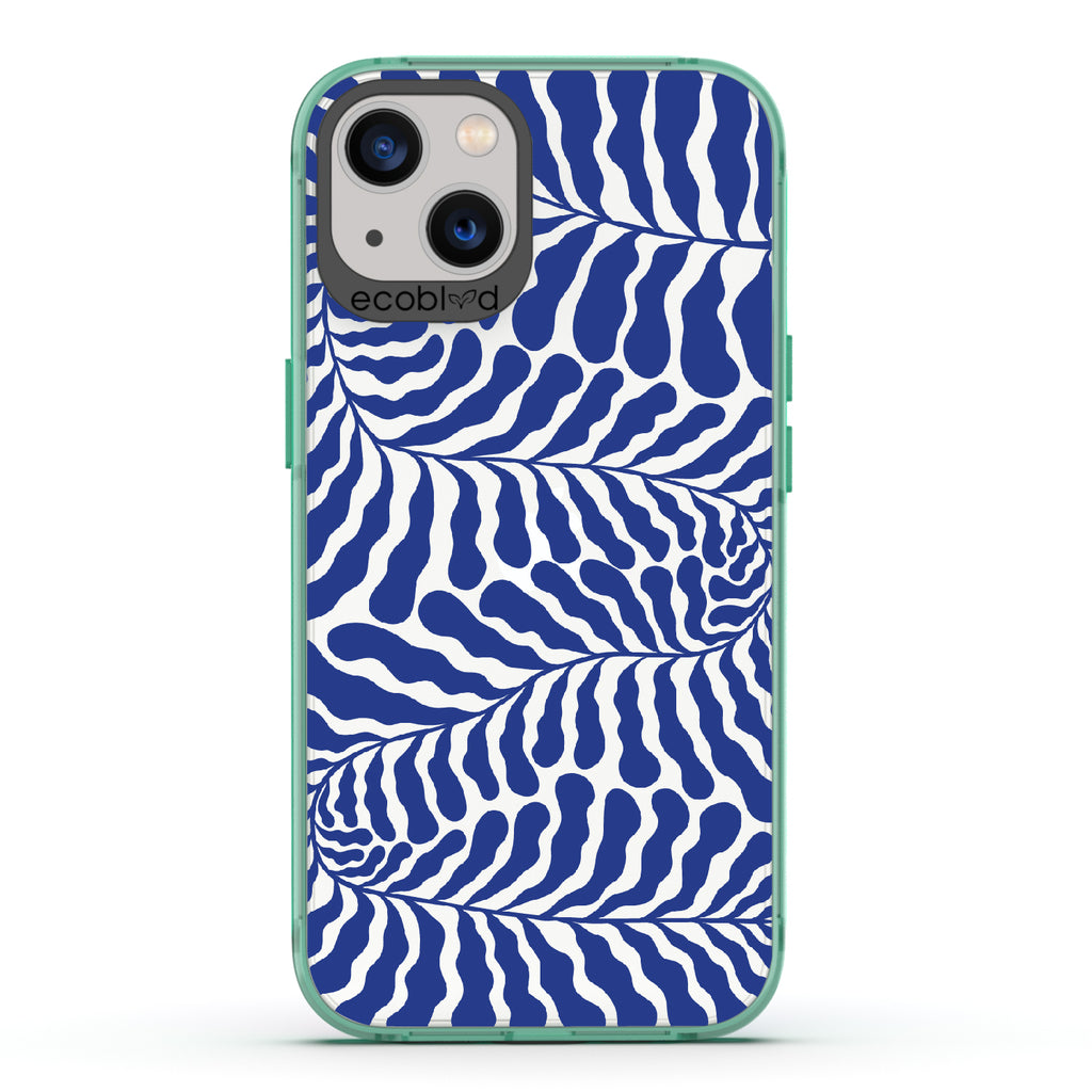 Blue Lagoon - Green Eco-Friendly iPhone 13 Case With Abstract Tropical Blue Seaweed On A Clear Back