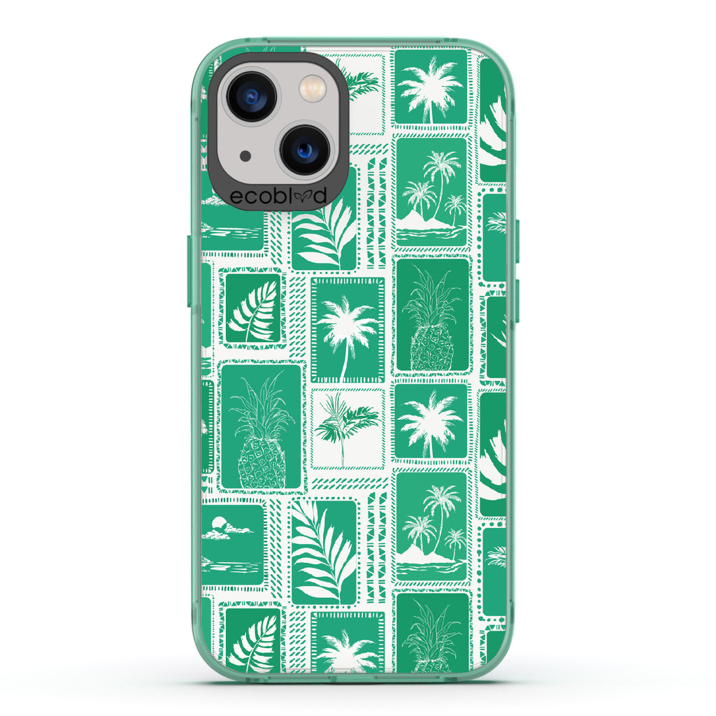 Oasis - Green Eco-Friendly iPhone 13 Case With Tropical Shirt Palm Trees & Pineapple Print On A Clear Back
