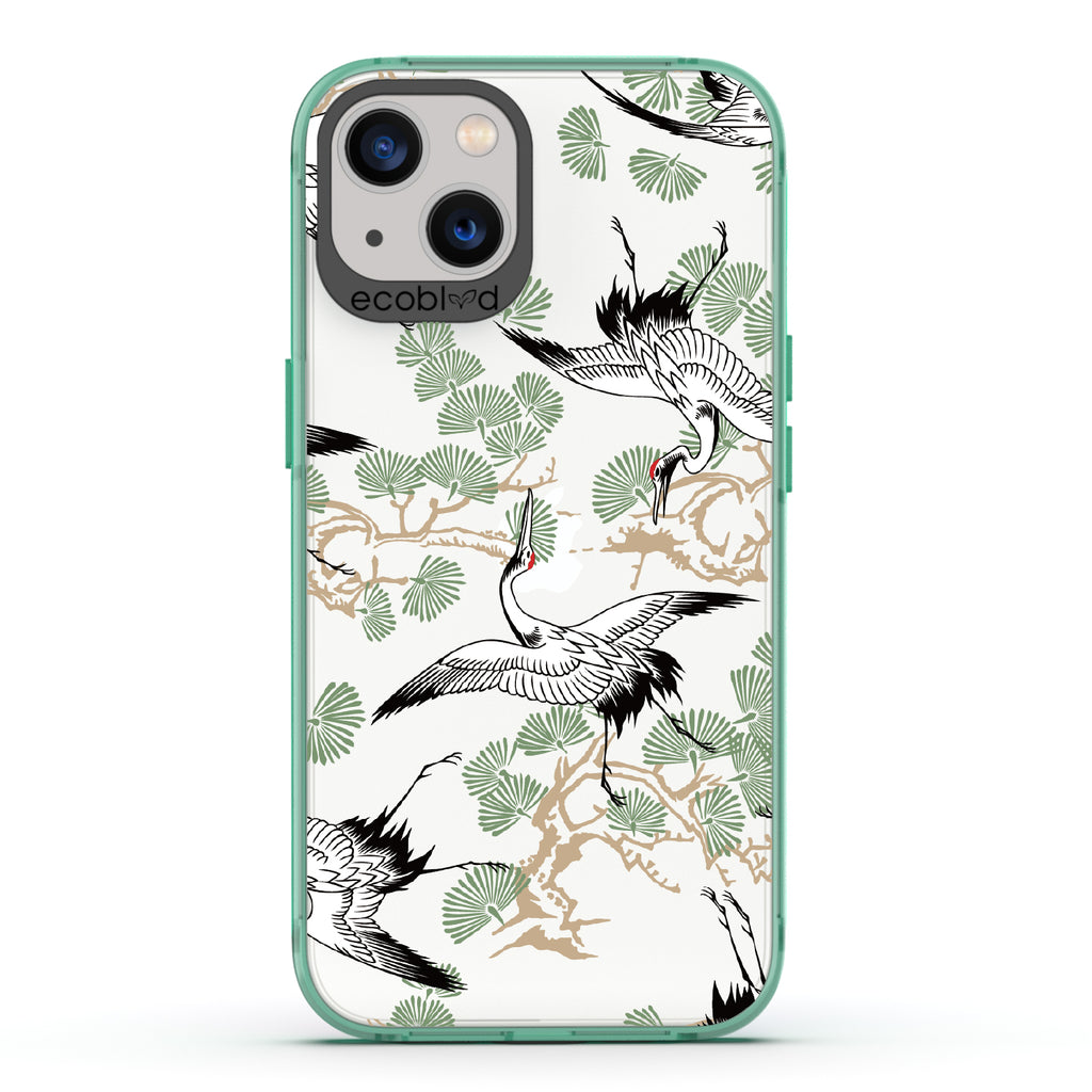 Graceful Crane - Green Eco-Friendly iPhone 13 Case With Japanese Cranes Atop Branches On A Clear Back