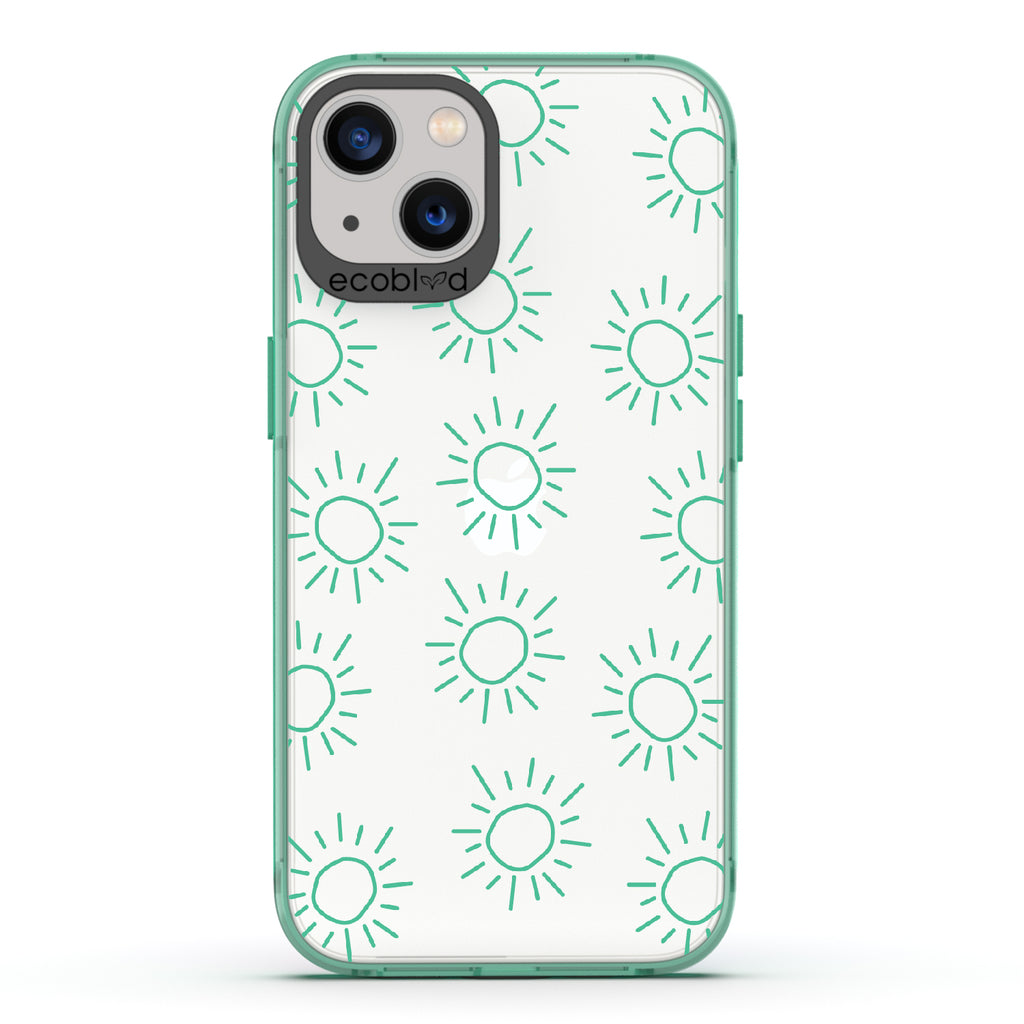 Sun - Green Eco-Friendly iPhone 13 Case With Various Scribbled Suns On A Clear Back