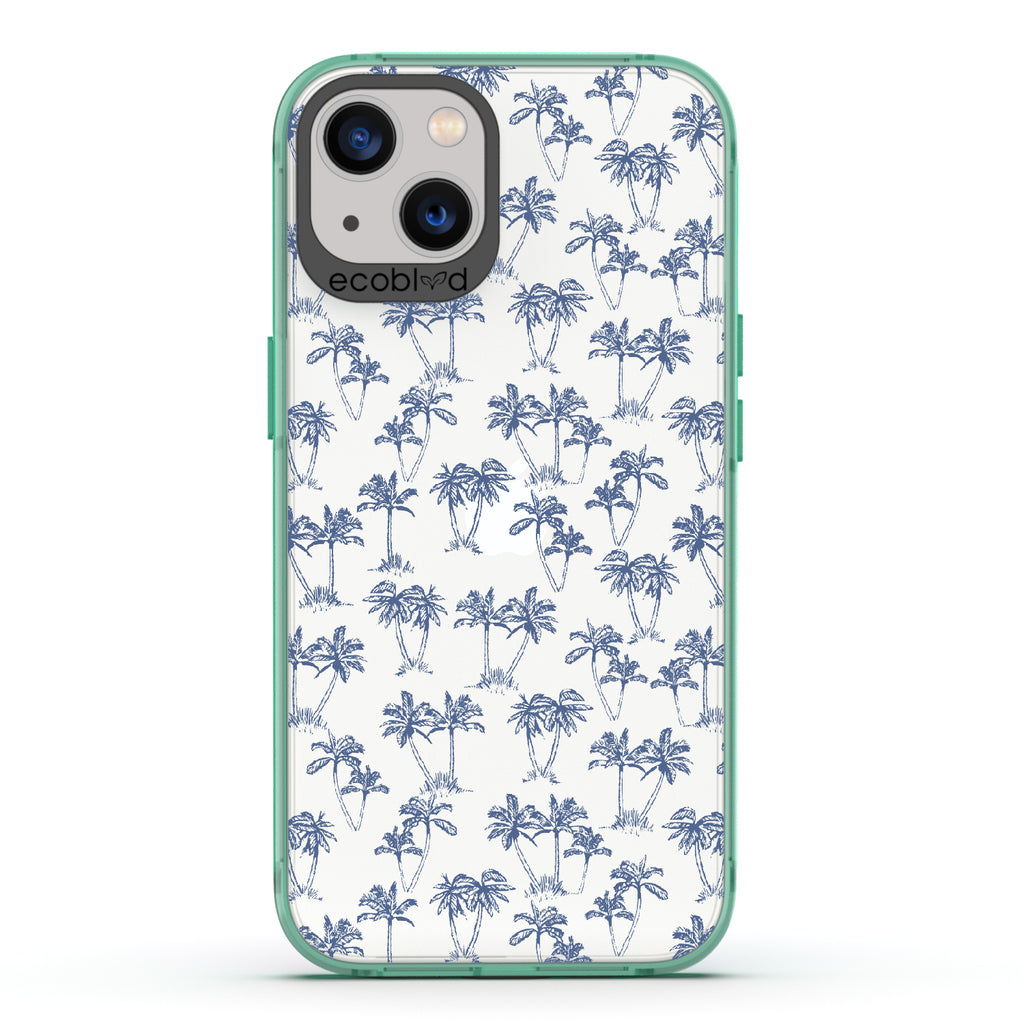 Endless Summer - Green Eco-Friendly iPhone 13 Case With 50's-Style Blue Palm Trees Print On A Clear Back