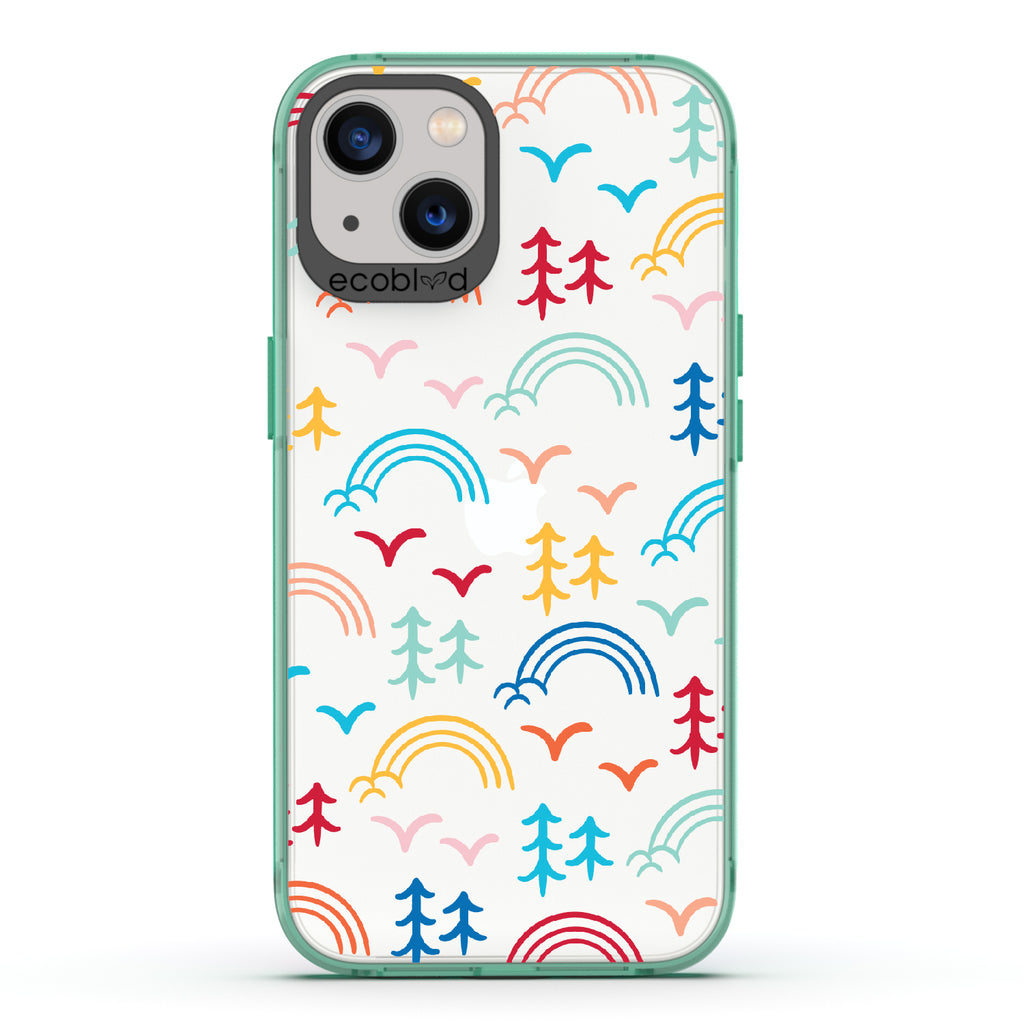 Happy Camper X Brave Trails - Green Eco-Friendly iPhone 13 Case with Minimalist Trees, Birds, Rainbows On A Clear Back