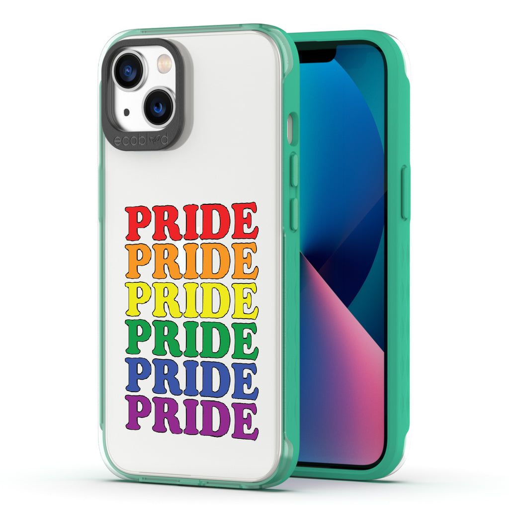 Pride Camp - Back View Of Green & Clear Eco-Friendly iPhone 13 Case & A Front View Of The Screen