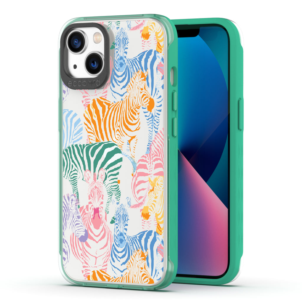 Colorful Herd - Back View Of Green & Clear Eco-Friendly iPhone 13 Case & A Front View Of The Screen