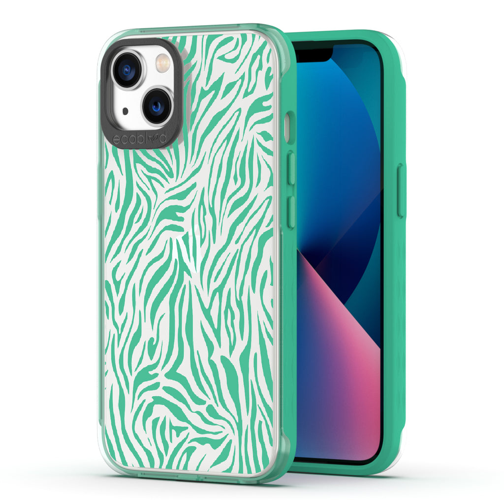 Zebra Print - Back View Of Green & Clear Eco-Friendly iPhone 13 Case & A Front View Of The Screen