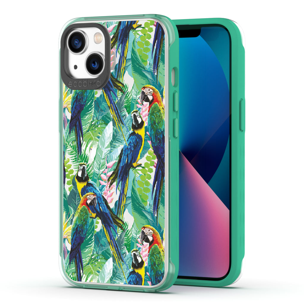Macaw Medley - Back View Of Green & Clear Eco-Friendly iPhone 13 Case & A Front View Of The Screen