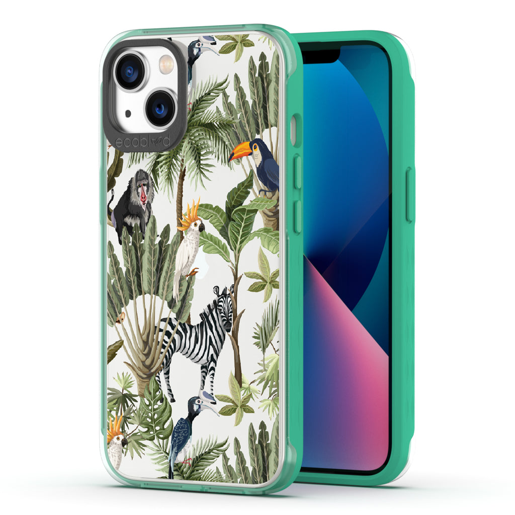 Toucan Play That Game - Back View Of Green & Clear Eco-Friendly iPhone 13 Case & A Front View Of The Screen