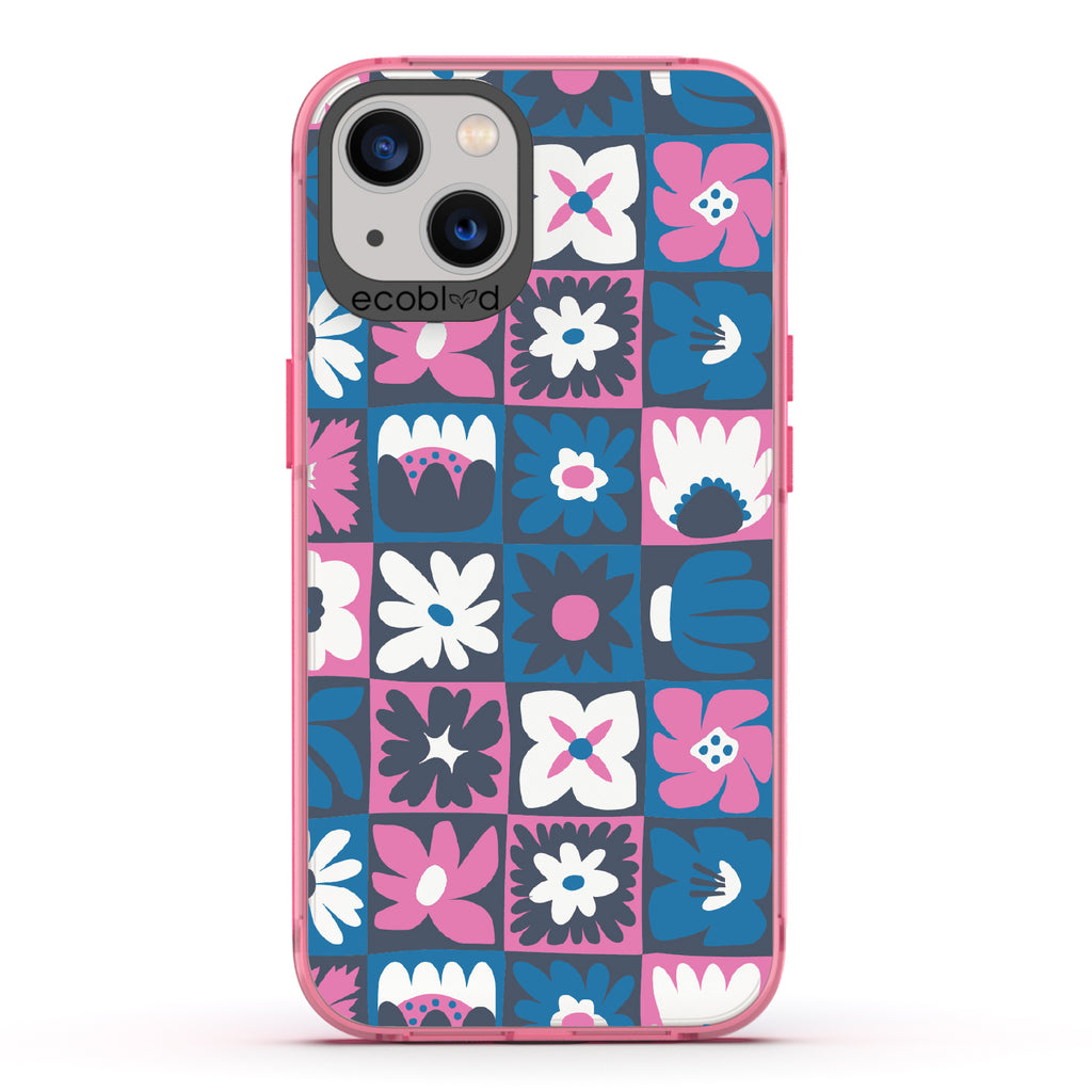 Paradise Blooms - Pink Eco-Friendly iPhone 13 Case With Tropical Floral Checker Print On A Clear Back
