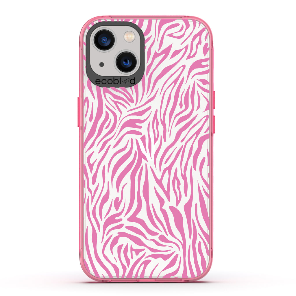 Zebra Print - Pink Eco-Friendly iPhone 13 Case With Yellow Zebra Print On A Clear Back