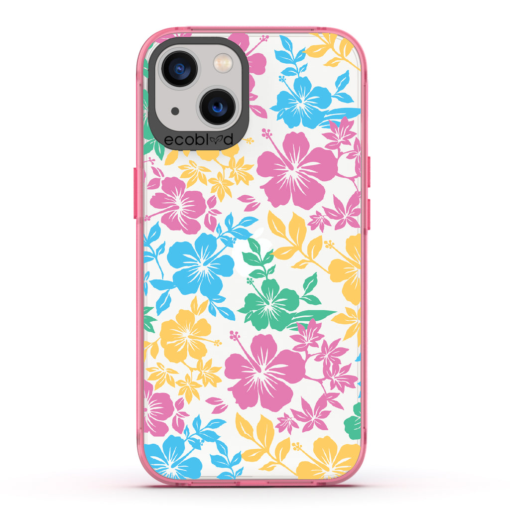 Lei'd Back - Pink Eco-Friendly iPhone 13 Case With Colorful Hawaiian Hibiscus Floral Print On A Clear Back