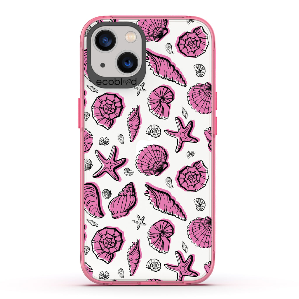 Seashells Seashore - Pink Eco-Friendly iPhone 13 Case With Seashells and Starfish On A Clear Back