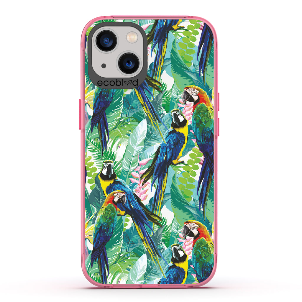 Macaw Medley - Pink Eco-Friendly iPhone 13 Case With Macaws & Tropical Leaves On A Clear Back