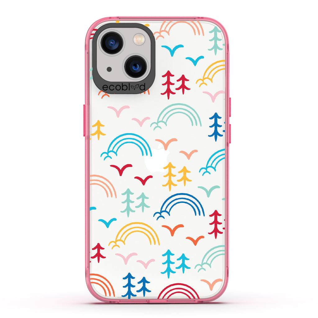 Happy Camper X Brave Trails - Pink Eco-Friendly iPhone 13 Case with Minimalist Trees, Birds, Rainbows On A Clear Back