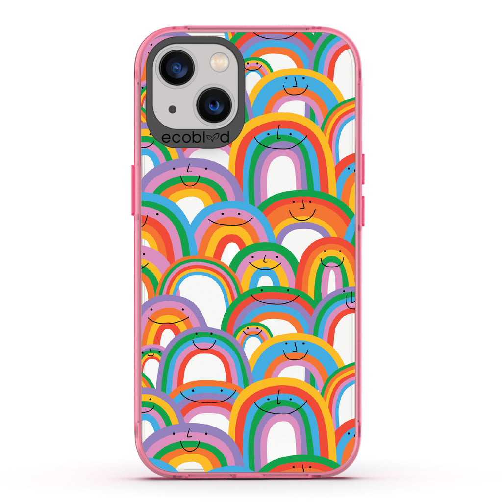 Prideful Smiles - Pink Eco-Friendly iPhone 13 Case With Rainbows That Have Smiley Faces On A Clear Back