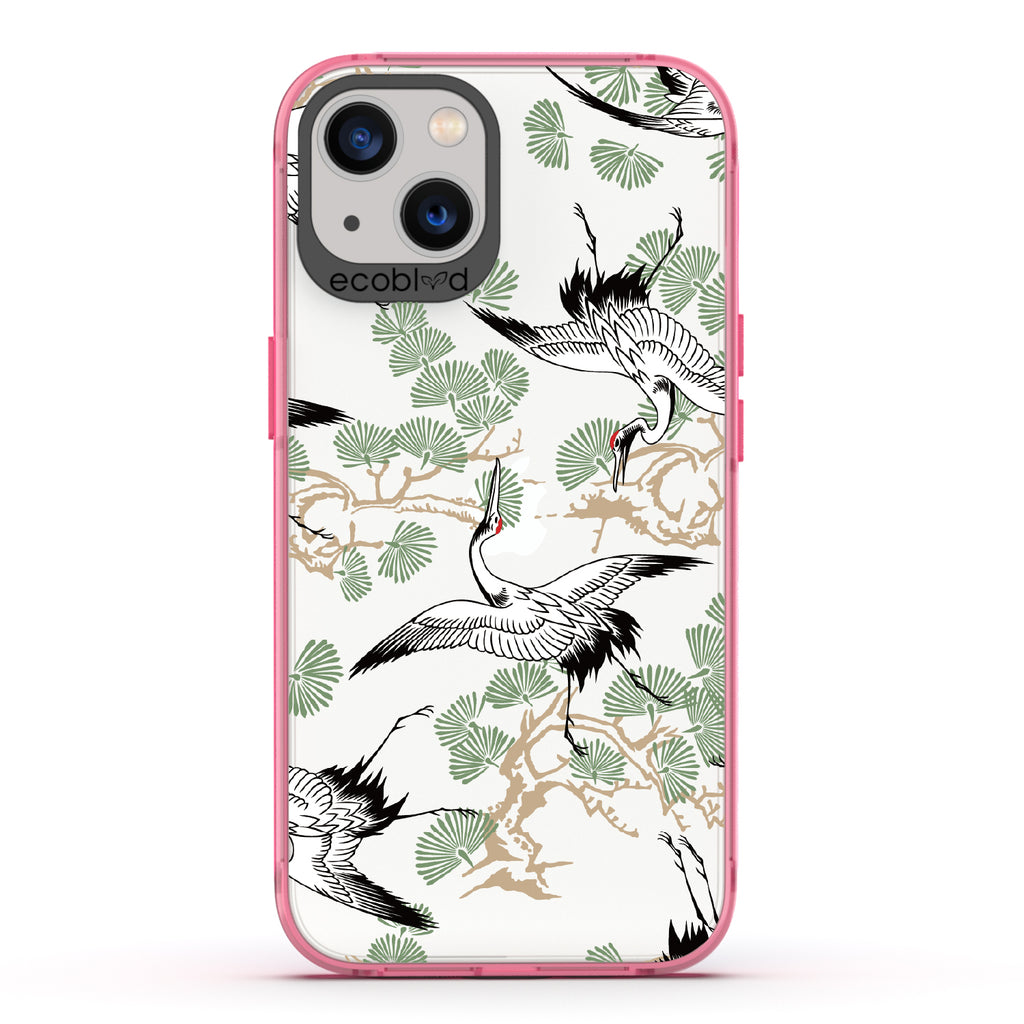 Graceful Crane - Pink Eco-Friendly iPhone 13 Case With Japanese Cranes Atop Branches On A Clear Back